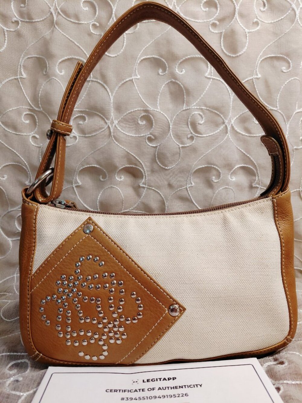 Vintage Loewe Studded Anagram Canvas Leather Shoulder Bag - Picture 2 of 11
